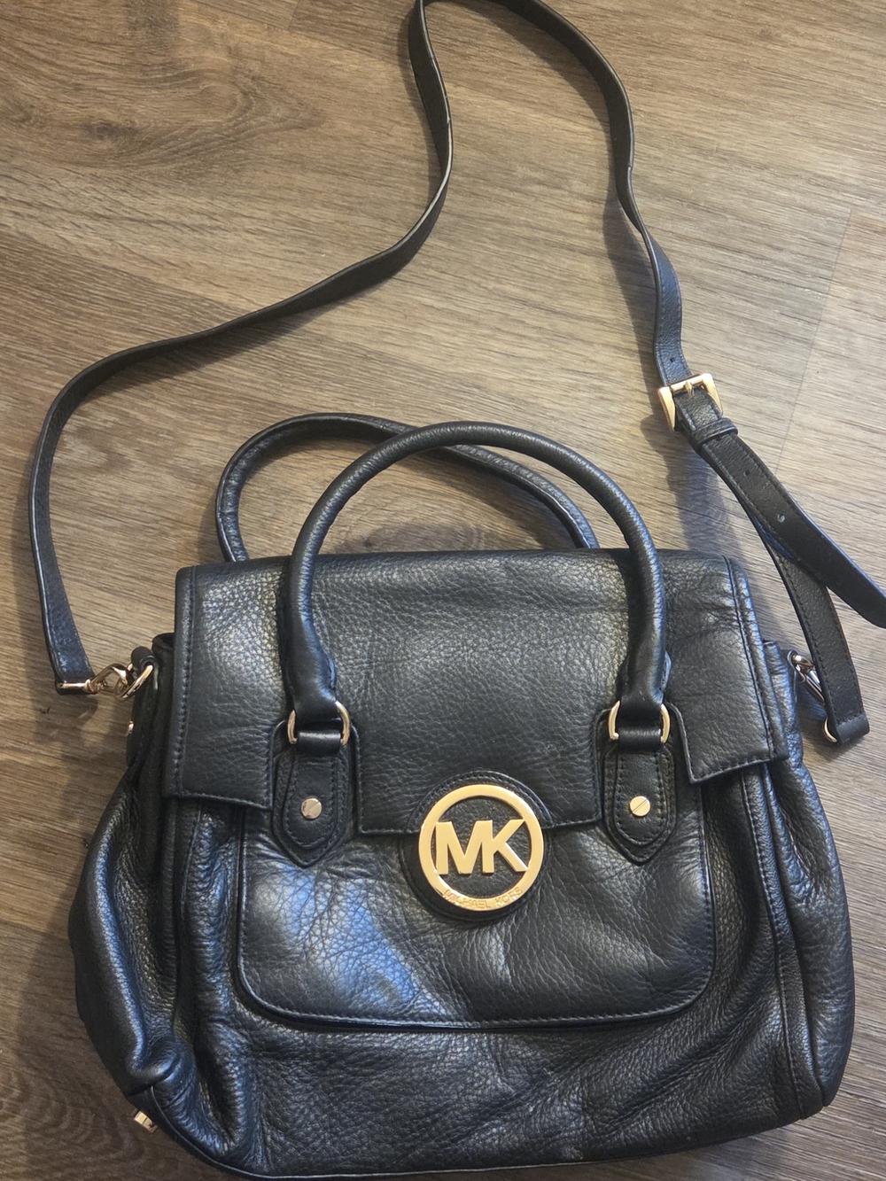 Michael Kors Black Leather Satchel with Gold MK Emblem
